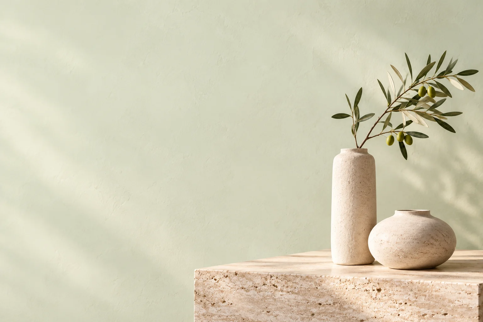Ivory ceramic vases and an olive branch in a sunlit sage interior